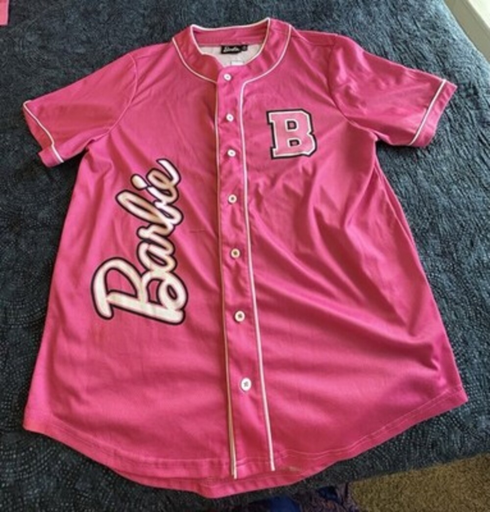 Barbie Pink Graphic Print Mesh Jersey Collared Button Front Top Short Sleeve XL